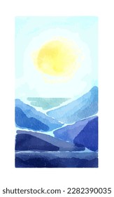 Paisaje acuarela. Esbozo abstracto vertical simple de acuarela con cordillera azul, mar a lo lejos y sol de tarde. Ilustración del paisaje moderno pintado a mano en colores vivos