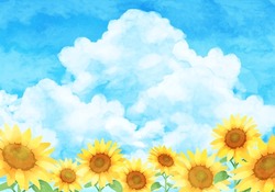 Watercolor Landscape With Sunflowers And Blue Sky. (vector Illustration)