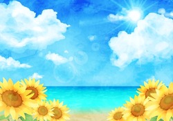 Watercolor Landscape With Sunflowers And Blue Sky. (vector Illustration)