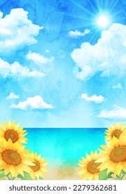 Paisaje acuático con girasoles y cielo azul. (ilustración vectorial)