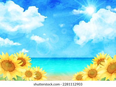 Watercolor landscape with sunflowers and blue sky. (vector illustration)