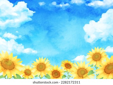 Watercolor landscape with sunflowers and blue sky. (vector illustration)