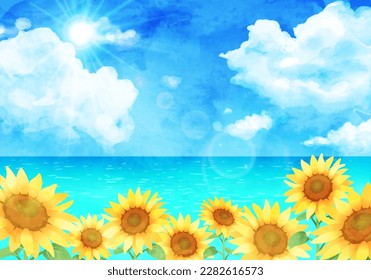 Watercolor landscape with sunflowers and blue sky. (vector illustration)