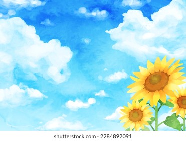 Paisaje acuático con girasoles y cielo azul. (ilustración vectorial)