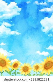 Watercolor landscape with sunflowers and blue sky. (vector illustration)