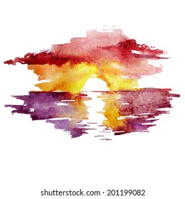 Watercolor Landscape Sunset Over The Sea, Vector