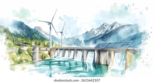 watercolor of landscape sustainable energy sources, including wind turbines, solar panels, and a hydroelectric dam.