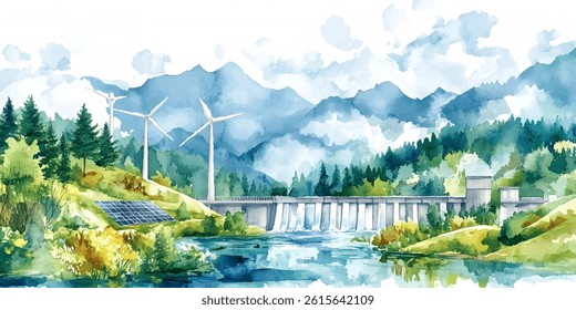 watercolor of landscape sustainable energy sources, including wind turbines, solar panels, and a hydroelectric dam.