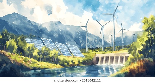 watercolor of landscape sustainable energy sources, including wind turbines, solar panels, and a hydroelectric dam.