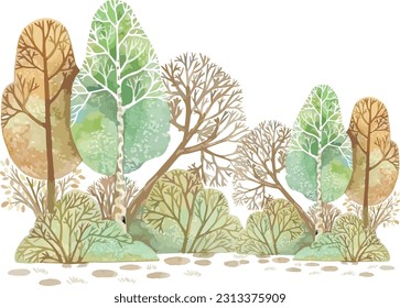 watercolor landscape with tree land and forest view