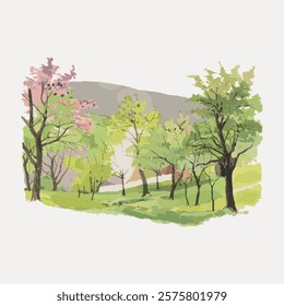 Watercolor landscape with trees, green grass, and hills. Trees in watercolor green grass, and rolling hills create serene landscape scene. Vintage art drawing illustration, painting art vector.