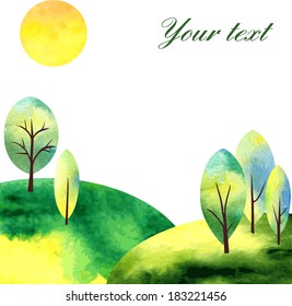watercolor landscape with  trees and sun, vector illustration