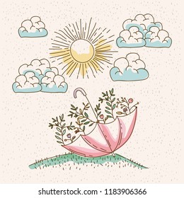 watercolor landscape of umbrella with plants in hill in sunny day