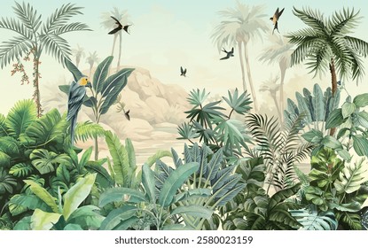 Watercolor Landscape Wallpaper Wall Decor Home Renovation Wall, Tropical Mural Illustration.