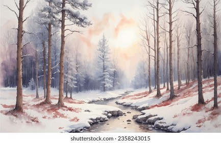 Watercolor landscape winter woodland vector illustration. With little river creek in the middle of it. Watercolor vector illustration.