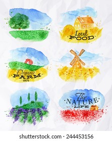 Watercolor landscapes symbols wheat fields of poppies, lavender, herbs with miniature houses, mill, tractor lettering organic farm, local food, the nature life