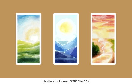 Watercolor landscapes triptych. Simple vertical aquarelle sketches, summer nature views with sun. Various day times - morning, afternoon, evening. Collection of scenery illustrations