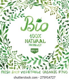 Watercolor laurels  background,label, logotypes set.Green branches,lettering.Organic,eco,ecology design,natural template,bio menu.Hand drawing painting.Vintage branding vector.