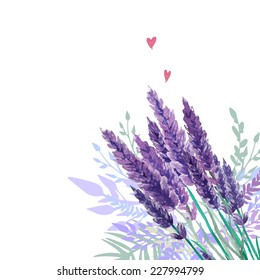 Watercolor lavender bouquet background. Frame with hand painted vintage plants, floral decor and hearts. Vector illustration.