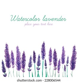 Watercolor lavender field border. Background with hand painted vintage plants. Vector illustration.