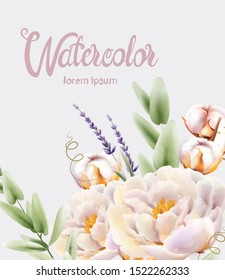 Watercolor lavender, peonies and cotton flowers bouquet vector