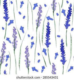 Watercolor lavender seamless pattern on white background