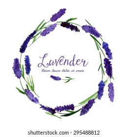 Watercolor lavender wreath. Vector illustration for greeting cards with watercolor lavender. Wedding invitation card.   Colorful theme for your design, prints and illustrations