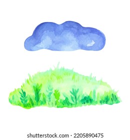 Watercolor lawn with clouds. Template for banner, poster, packaging, postcard, print, web design. Hand Drawn vector illustration.