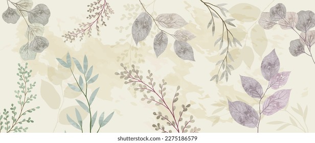 Watercolor leaf background vector. Hand drawn brush paint botanical leaf branch, natural foliage pattern texture background. Design illustration for decoration, wallpaper, poster, banner, card.