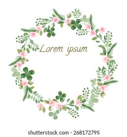 Watercolor Leaf and Flowers round frame. Vector illustration of hand drawn natural wreath for invitation cards, save the date, wedding card design.