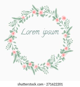Watercolor Leaf and Flowers round frame. Vector illustration of hand drawn natural wreath for invitation cards, save the date, wedding card design.