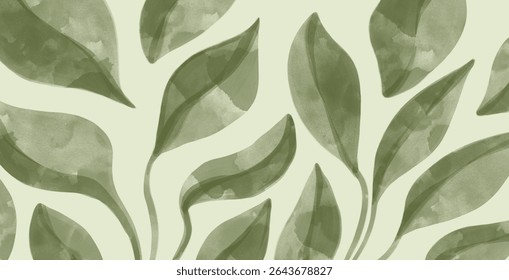Padrão de folha aquarela em verde sábio. Camadas transparentes macias e estilo botânico elegante.