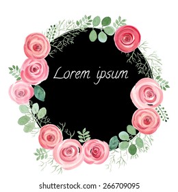 Watercolor Leaf and roses round frame. Vector illustration of hand drawn natural wreath for invitation cards, save the date, wedding card design.