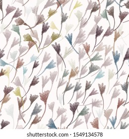 Watercolor Leaf Stem Vector Seamless Pattern. Leaves Blowing in the Wind Hand Painted White Background. Autumn Fall Mood Wildflower Illustration. Faded Variegated Dye Colors. Repeat Tile in EPS 10