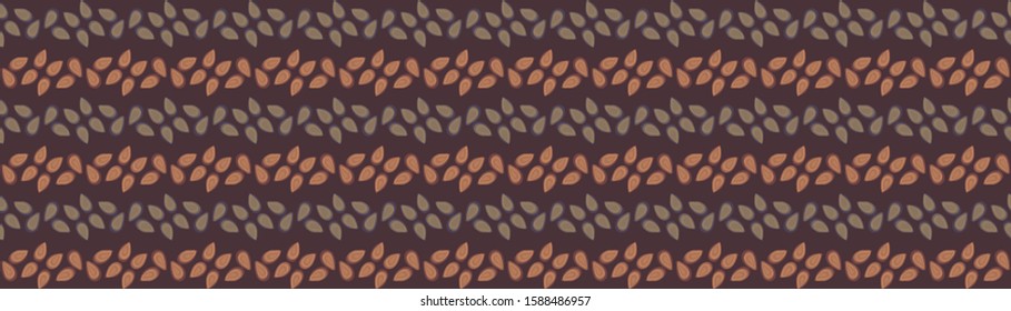 Watercolor Leaf Stripe Motif Banner Background. Seamless Border Pattern Orange on Dark Brown. Delicate Leaves Hand Drawn for Textile Ribbon Trim Home Decor. Striped Nature Aquarelle Artwork EPS 10