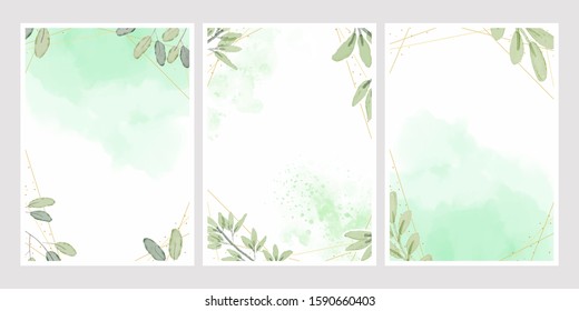watercolor leafs with golden frame background for wedding invitation card 5x7
