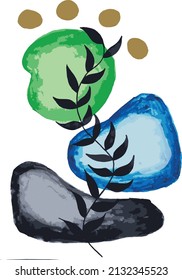 watercolor leafy pattern illustration. Green, blue and black  more