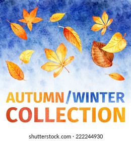 Watercolor Leaves. Autumn Winter Collection. Vector Background