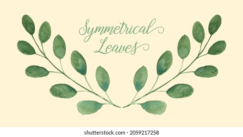 Watercolor leaves design element, floral vector pattern of symmetrical green leaves, hand painted watercolor illustration, decorative border, product packaging or branding graphic art, wedding invite