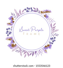 Watercolor leaves and flowers frame in purple theme for wedding card, and others.