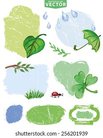 Watercolor leaves , grass,rubber boots,ladybug ,watering can with distressed grunge labels.Seasonal vector , isolated clipart, scrapbooking elements,icons set , kit.Green colors