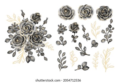 watercolor leaves with rose black gold isolated clip art