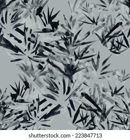 Watercolor leaves seamless pattern on gray background. Black and white vector illustration