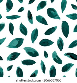 Watercolor leaves seamless repeat pattern. Random placed, vector ink plant parts all over surface print on white background.