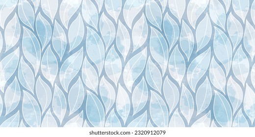  Watercolor leaves seamless vector pattern. Blue leaf background, textured jungle print.