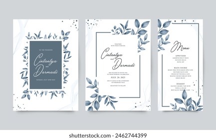 Watercolor leaves set for three sided wedding invitation template