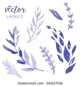 Watercolor Leaves Vector with Branches and Laurels