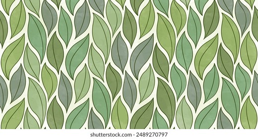 Watercolor leaves vector seamless pattern. Green tea leaf background, textured jungle print.