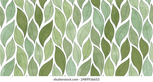 Watercolor leaves vector seamless pattern. Green tea leaf background, textured jungle print.