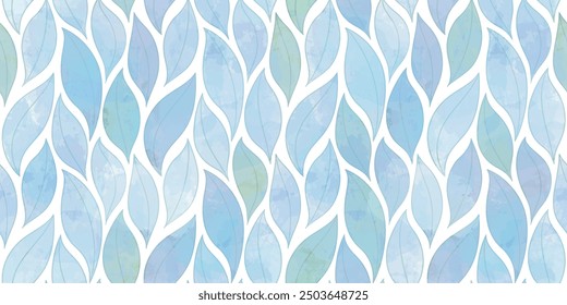 Watercolor leaves vector seamless pattern. blue wavy leaf background, textured jungle print.